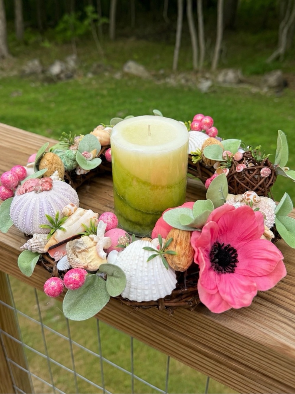 Coastal Floral Wreath Decor | Pink & Green 🌸🌿 | Pillar Candle